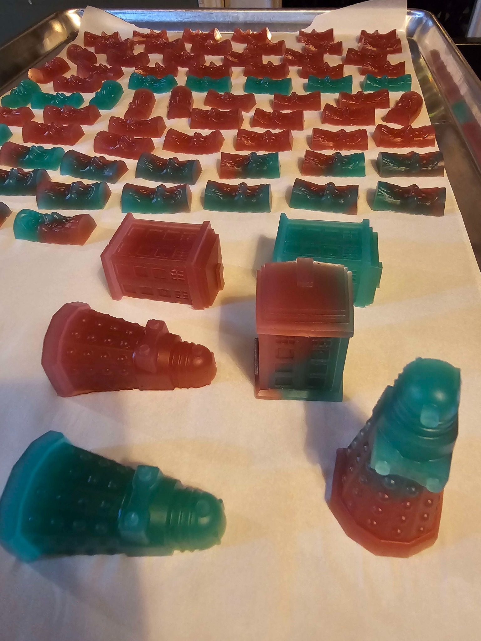 Unique sci‑fi themed gummy shapes on a baking sheet