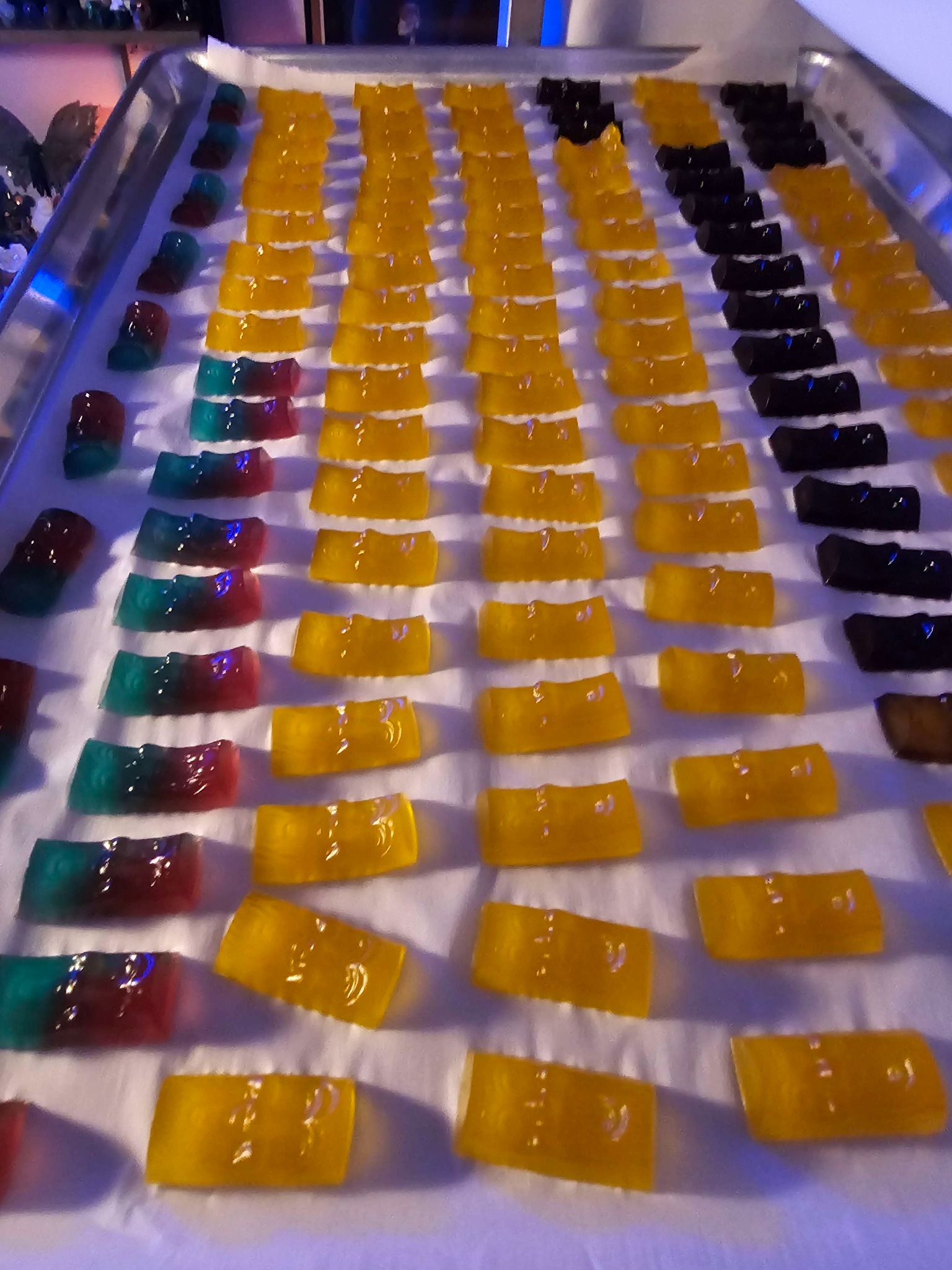 Yellow and dark gummies lined up neatly on trays