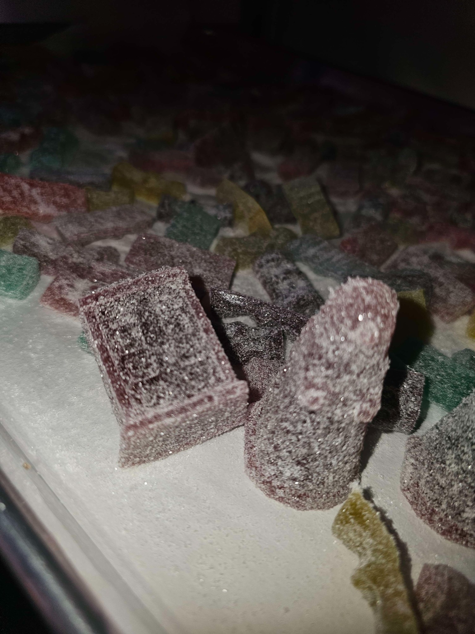 Sugar‑coated gummies shown in close up on parchment